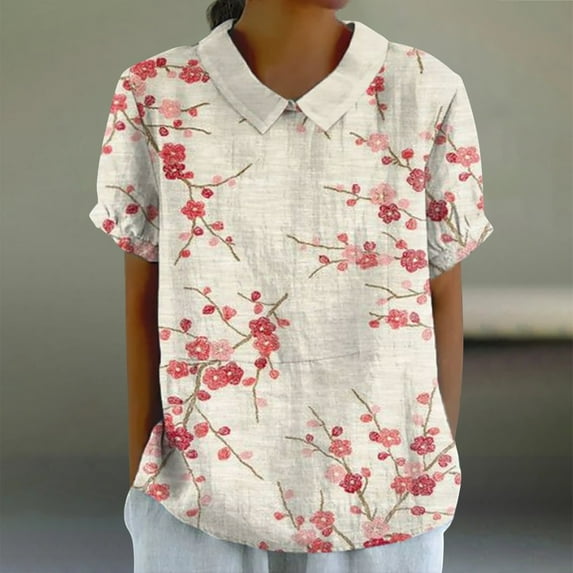 AKEGAMN Linen Lapel Floral Round Neck Loose Pullover Casual T-Shirt, White XXL, Size S-4XL