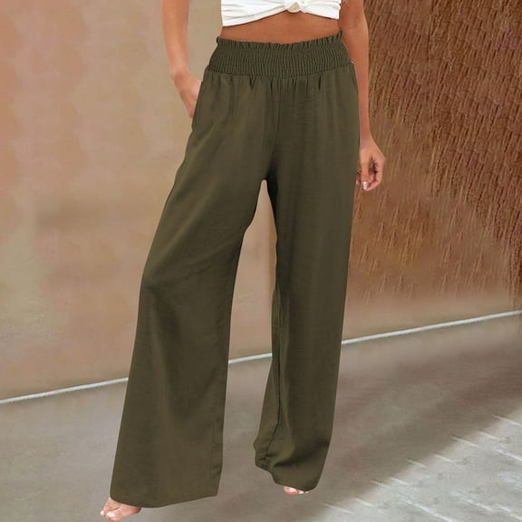 AKEGAMN Linen Palazzo Pants High Waist Wide Leg Summer Casual Beach Trousers, Green S-3XL