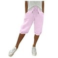 thumbnail image 1 of AKEGAMN Linen Shorts Trendy Knee Length Drawstring Elastic Waist Shorts, Pink S-3XL, 1 of 9