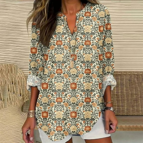 AKEGAMN Long Sleeve Floral V Neck Plus Size Boho Tunic Tops, Yellow S-3XL