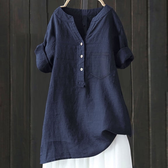 AKEGAMN Loose Stand Collar Button Down Shirt - Solid Color, Cotton Linen, 3/4 Sleeve, Blue 3XL, Size S-5XL