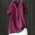 thumbnail image 1 of AKEGAMN Loose Stand Collar Button Down Shirt - Solid Color, Cotton Linen, 3/4 Sleeve, Red S, Size S-5XL, 1 of 3