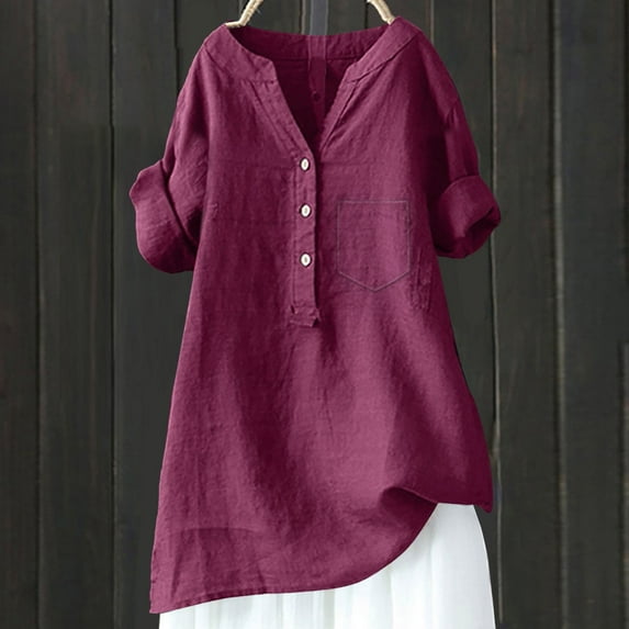 AKEGAMN Loose Stand Collar Button Down Shirt - Solid Color, Cotton Linen, 3/4 Sleeve, Red S, Size S-5XL