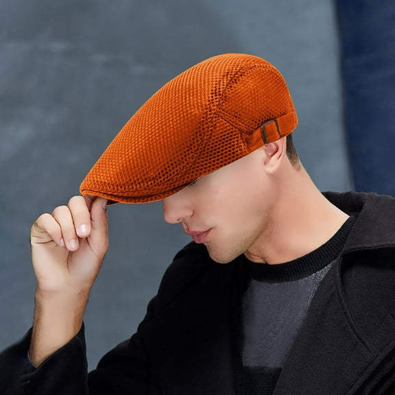 AKEGAMN Men's Breathable Mesh Newsboy Beret Cap Cabbie Flat Summer Hat, Orange One Size