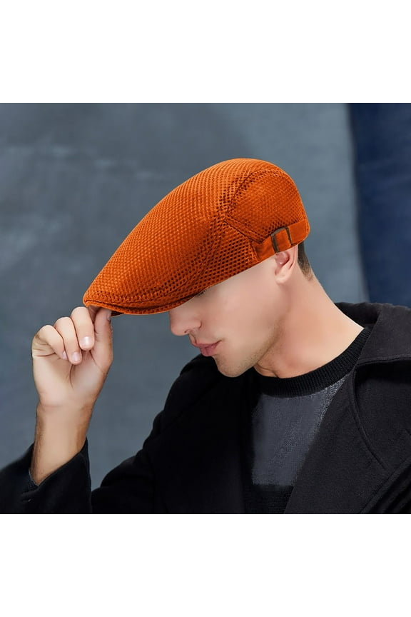 Men's Breathable Mesh Newsboy Beret Cap Cabbie Flat Summer Hat, Orange One Size