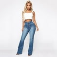 thumbnail image 1 of AKEGAMN Mid Waist Bell Bottom Stretch Jeans Flare Leg Denim Pants, Blue XS-4XL, 1 of 7