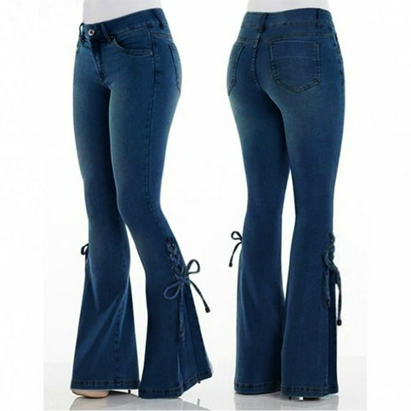 AKEGAMN Mid-Waist Lace-Up Denim Trousers Stretch Jeans Flared Pants, Blue 3XL, Size M-3XL