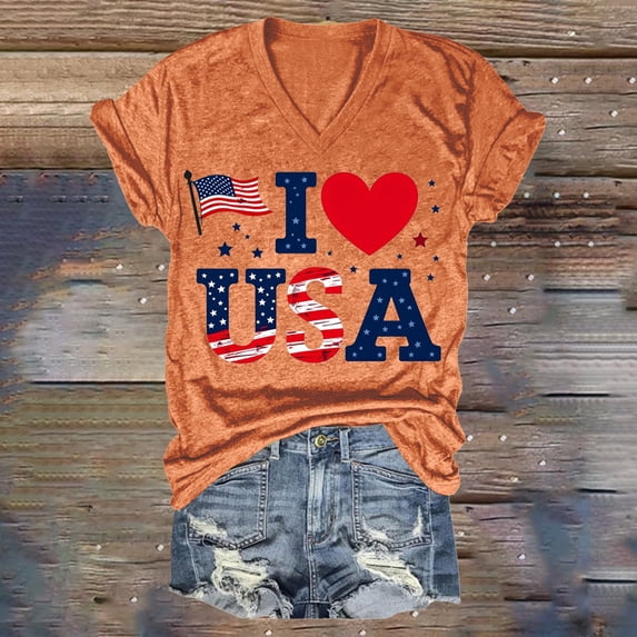 AKEGAMN Orange Loose Printed V Neck T Shirt - Casual Short Sleeve Blouse, S-3XL