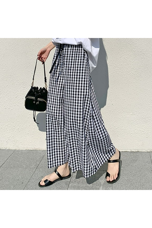 Plaid Wide Leg Culotte Pants High Elastic Waist Cropped Palazzo with Pockets, Black M-XL
