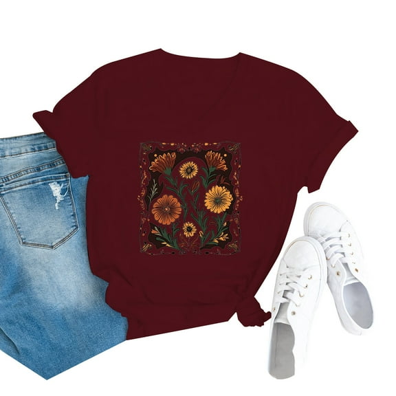 AKEGAMN Red Boho Wildflower Graphic Vintage Floral Loose Short Sleeve Casual T Shirt, S-3XL