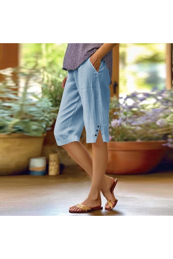 Slit Pocket Cotton Linen Loose Shorts, Blue S-XXL