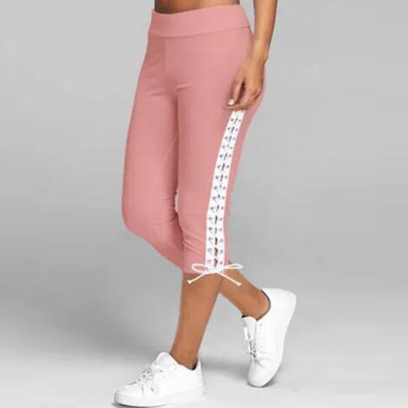 AKEGAMN Solid Bandage Elastic Waist Cropped Trousers Casual Sweatpants, Pink M, Size S-3XL