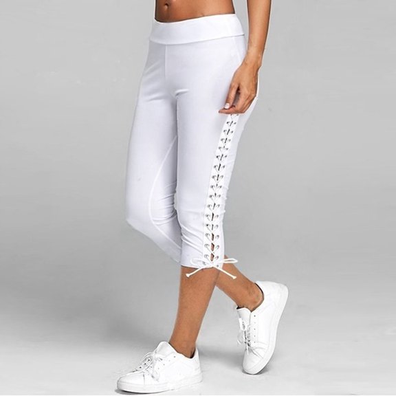 AKEGAMN Solid Bandage Elastic Waist Cropped Trousers Casual Sweatpants, White S-3XL