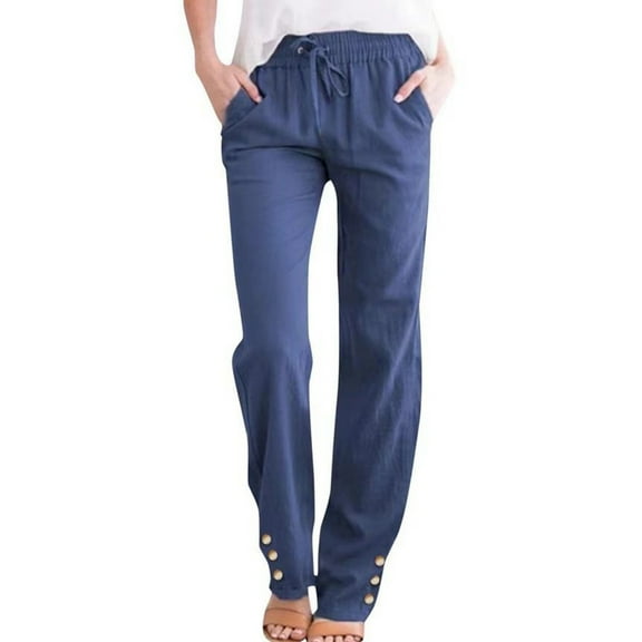 AKEGAMN Solid Elastic Waist Drawstring Linen Cotton Casual Straight Pants, Blue S-3XL
