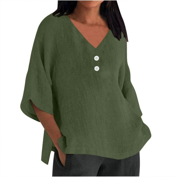 AKEGAMN Summer 7 Quarter Sleeve V Neck Solid Color Loose Top T Shirt Casual Shirt, Green 3XL, Size S-5XL