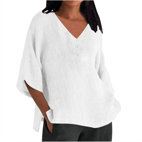 AKEGAMN Summer 7 Quarter Sleeve V Neck Solid Color Loose Top T Shirt Casual Shirt, White XXL, Size S-5XL