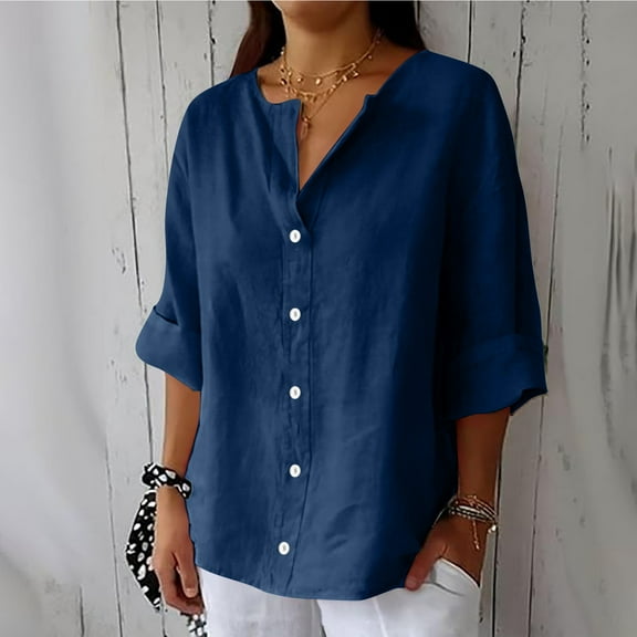 AKEGAMN Summer Cotton Linen V Neck 3/4 Sleeve Tops Loose Vacation Beach Solid Blouses Tunic, Blue S, Size S-5XL