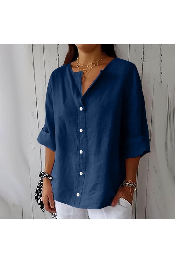 Summer Cotton Linen V Neck 3/4 Sleeve Tops Loose Vacation Beach Solid Blouses Tunic, Blue XXL, Size S-5XL