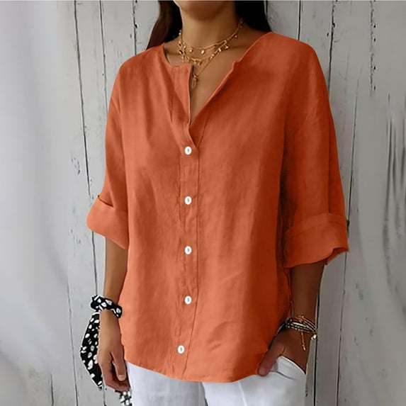AKEGAMN Summer Cotton Linen V Neck 3/4 Sleeve Tops Loose Vacation Beach Solid Blouses Tunic, Orange 4XL, Size S-5XL