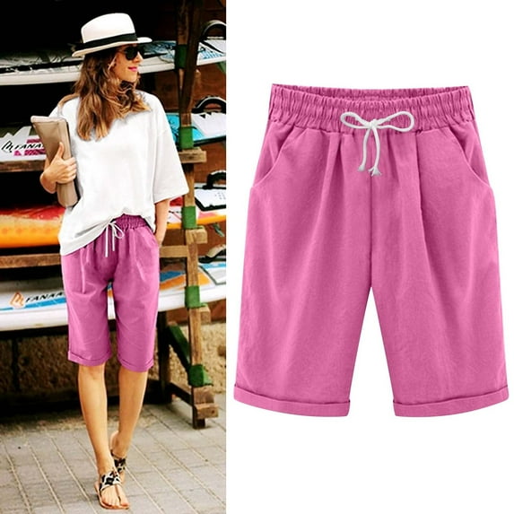AKEGAMN Summer Cotton Pants High Waisted Shorts Beach Workout Pocket Pants, Pink S-4XL