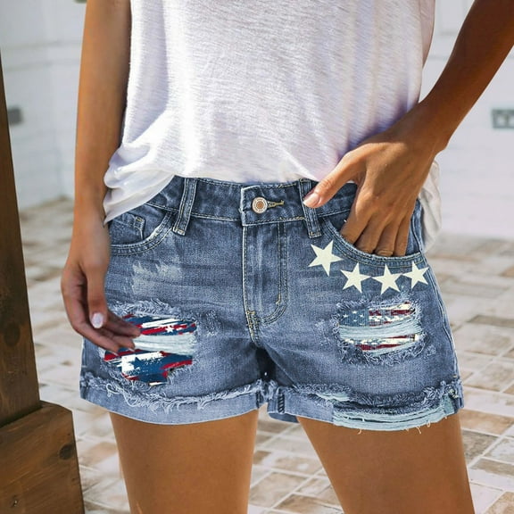 AKEGAMN Summer High Waist Loose Jean Slim Hole Short Pant Pocket Fashion Casual Shorts, Blue L, Size S-3XL