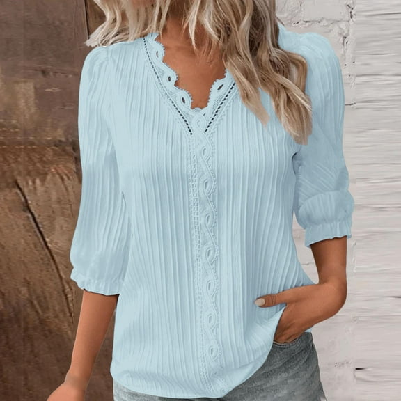 AKEGAMN Summer Lace V Neck Plain Lace Elegant Shirt Fashion Solid Color Elegant Blouse 3/4 Length Sleeve Plus Size Scrub Tops, Blue M, Size S-5XL