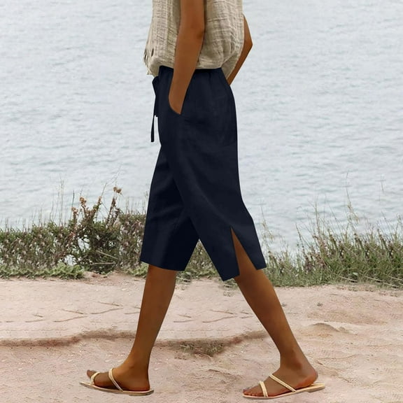 AKEGAMN Summer Long Solid Color Cotton Linen Slit Leg Pants, Black S-3XL