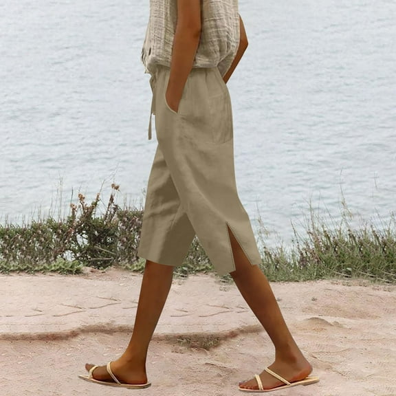 AKEGAMN Summer Long Solid Color Cotton Linen Slit Leg Pants, Yellow S-3XL