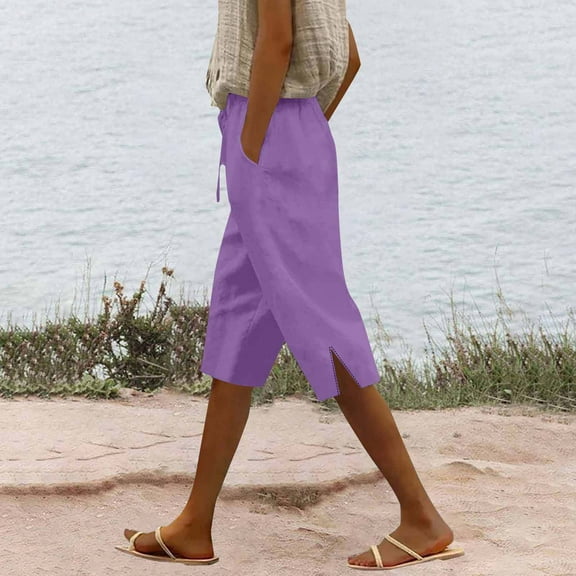 AKEGAMN Summer Long Solid Color Cotton Linen Straight Leg Loose Casual Five Quarter Pants with Leg Slit, Purple XL, Size S-3XL