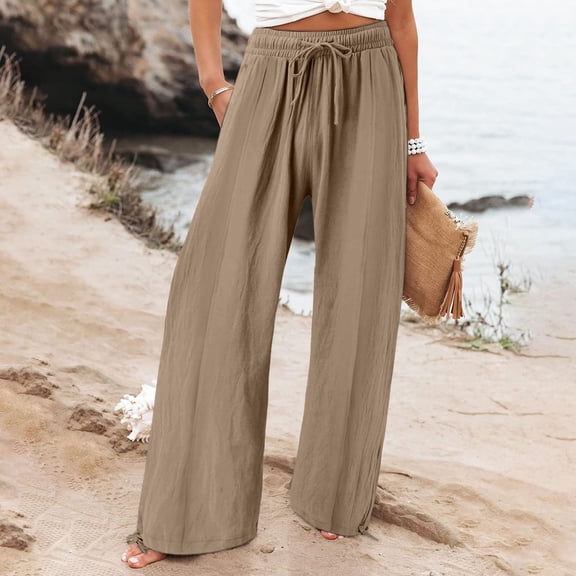 AKEGAMN Summer Wide Leg Linen Drawstring Elastic Waist High Waisted Casual Beach Trousers, Brown S-3XL