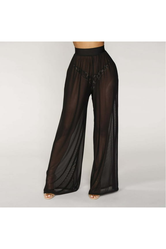 Swim See Through Mesh Covering Bikini Bottom Elastic Waist Wide Legs, Black XXL, Size S-XXL