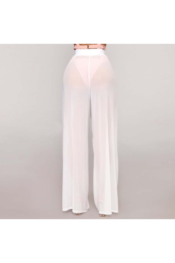 Swim See Through Mesh Covering Bikini Bottom Elastic Waist Wide Legs, White M, Size S-XXL