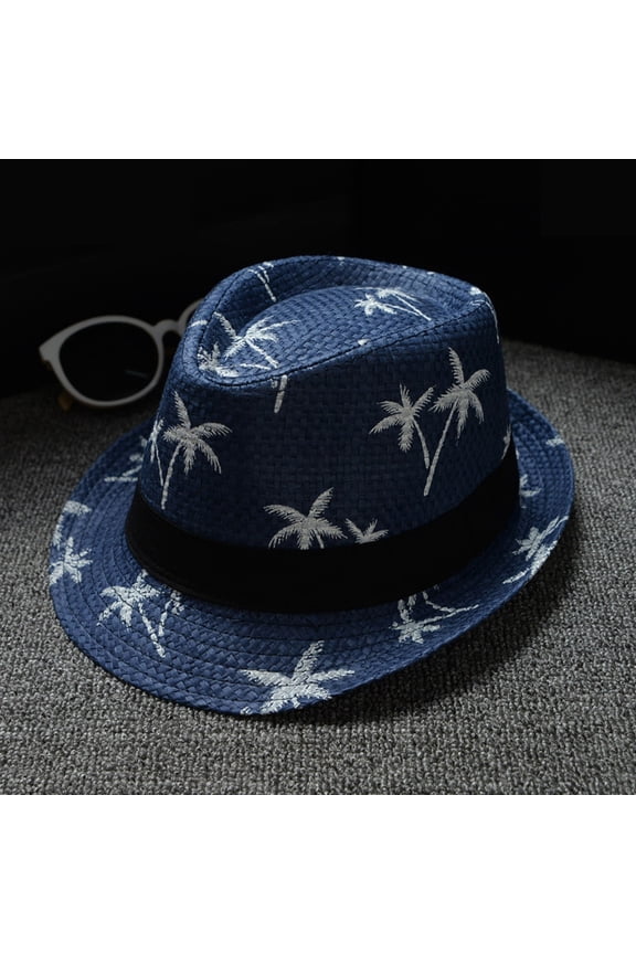 Unisex Tree Printing Straw Jazz Beach Sun Hat, Blue One Size