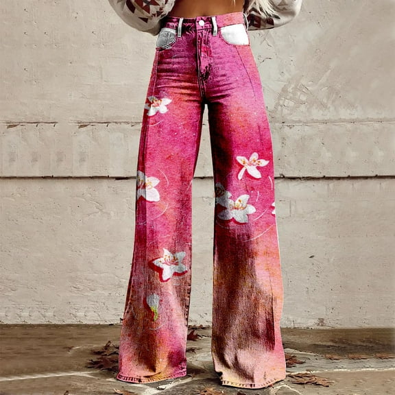 AKEGAMN Vintage Floral Print High Waist Wide Leg Stretch Pants with Pockets, Pink S-5XL