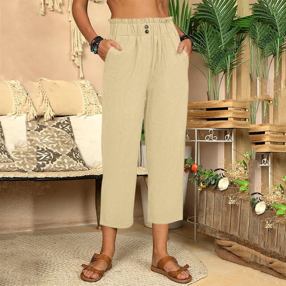 AKEGAMN White Linen Pants for Tightness Trousers Pocket Casual Plus Size Pants, Yellow M-3XL