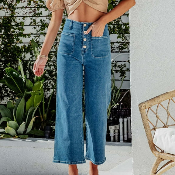 AKEGAMN Wide Leg Jeans High Waisted Stretchy Straight Leg Denim Pants, Blue S-XXL