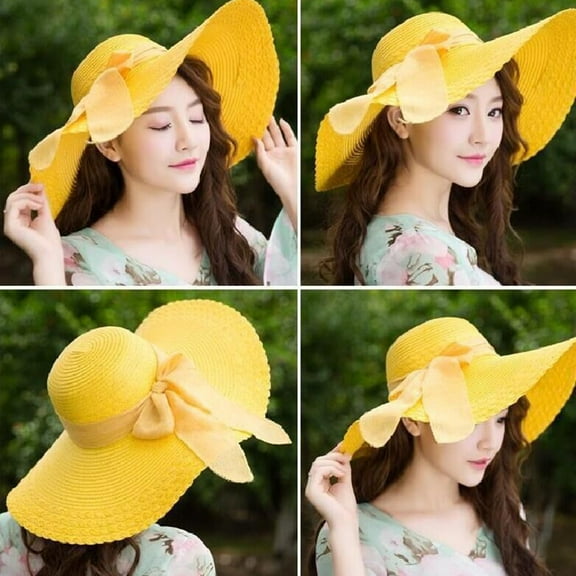 AKEGAMN Women Colorful Floppy Wide Brim Beach Bow Hat, Yellow One Size