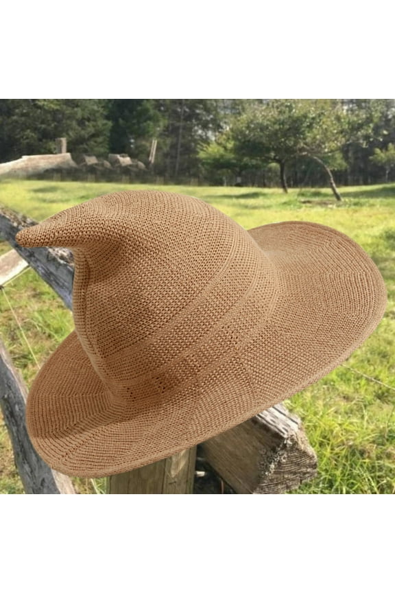 Women Foldable Large Brim Witch Crochet Hat, Brown One Size
