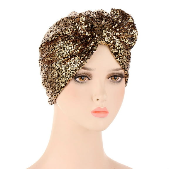 AKEGAMN Women Muslim Turban Hat Sequins Hair Bonnet Head Wrap Cover, Gold One Size