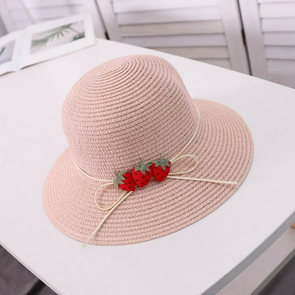 AKEGAMN Women Straw Woven Fisherman Hat Strawberry Decoration Outdoor Hat, Pink One Size