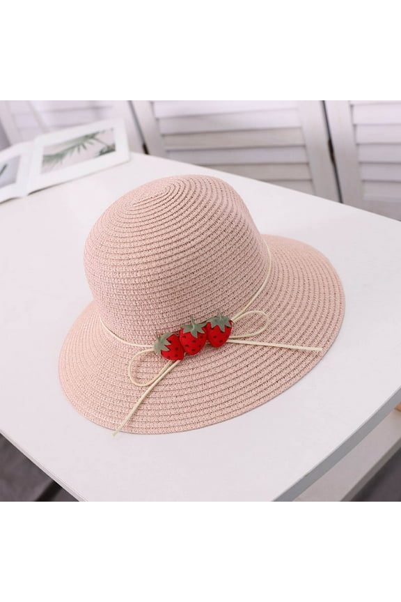 Women Straw Woven Fisherman Hat Strawberry Decoration Outdoor Hat, Pink One Size