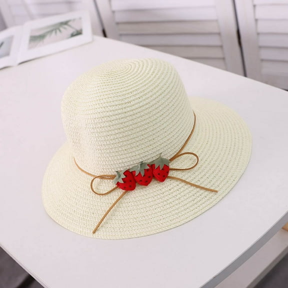 AKEGAMN Women Straw Woven Fisherman Hat Strawberry Decoration Outdoor Hat, White One Size