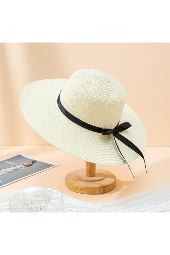 Women Woven Beach Sun Hat Casual Holiday Straw Hat, White One Size