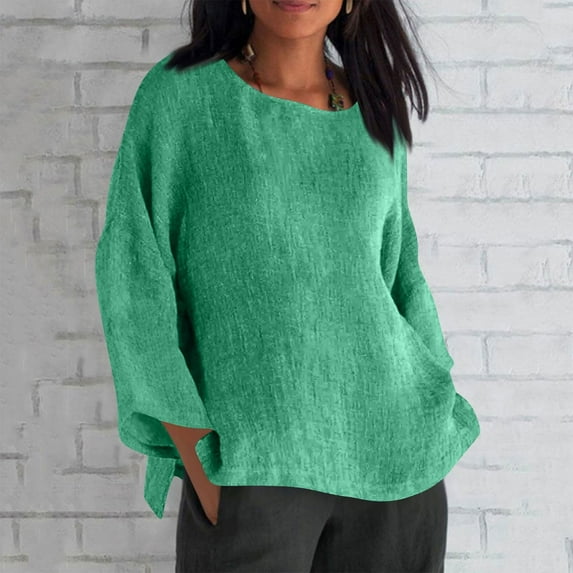 AKEGAMN Women's 2025 Linen Long Sleeve Casual Loose Basic Tee, Green S-5XL