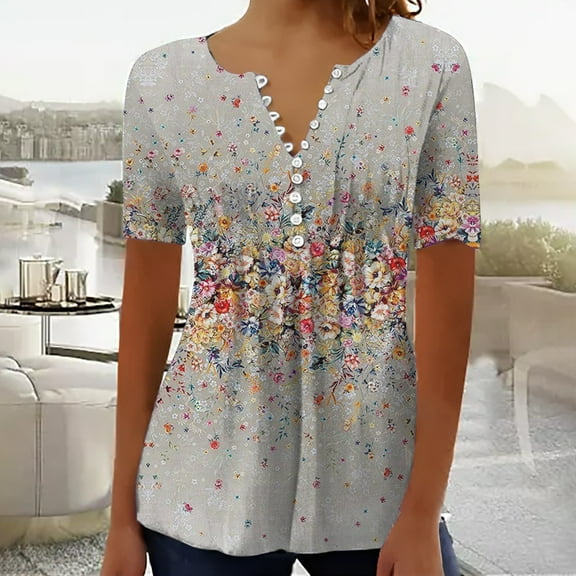 AKEGAMN Women's 2025 Trendy Boho Floral Print V-Neck Short Sleeve Tunic Blouse, Beige S-3XL