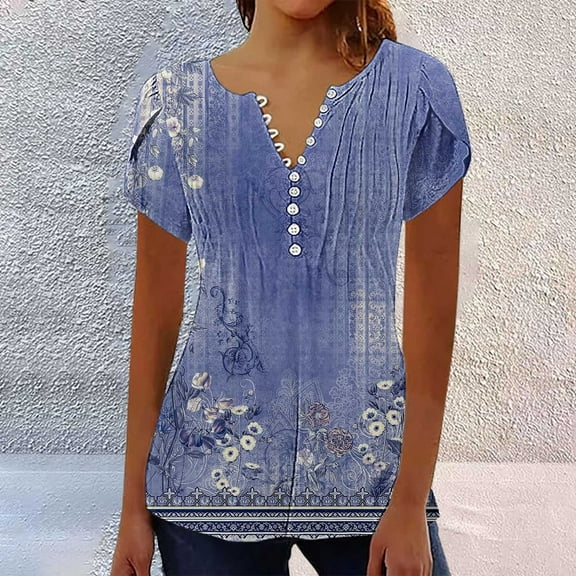 AKEGAMN Women's 2025 Trendy Boho Floral Print V-Neck Short Sleeve Tunic Blouse, Blue S-3XL