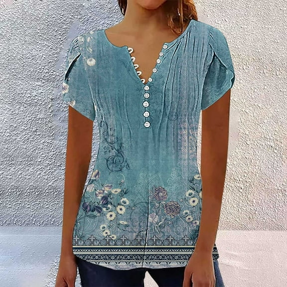 AKEGAMN Women's 2025 Trendy Boho Floral Print V-Neck Short Sleeve Tunic Blouse, Blue S-3XL