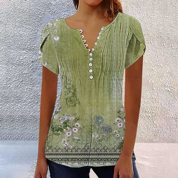 AKEGAMN Women's 2025 Trendy Boho Floral Print V-Neck Short Sleeve Tunic Blouse, Green S-3XL