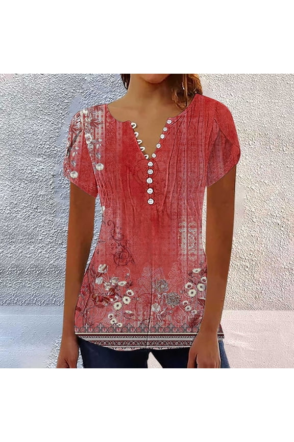 Women's 2025 Trendy Boho Floral Print V-Neck Short Sleeve Tunic Blouse, Red S-3XL