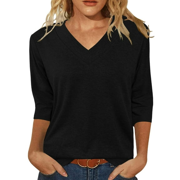 AKEGAMN Women's 3/4 Sleeve V-Neck Casual Tunic Top 2025, Black S-3XL
